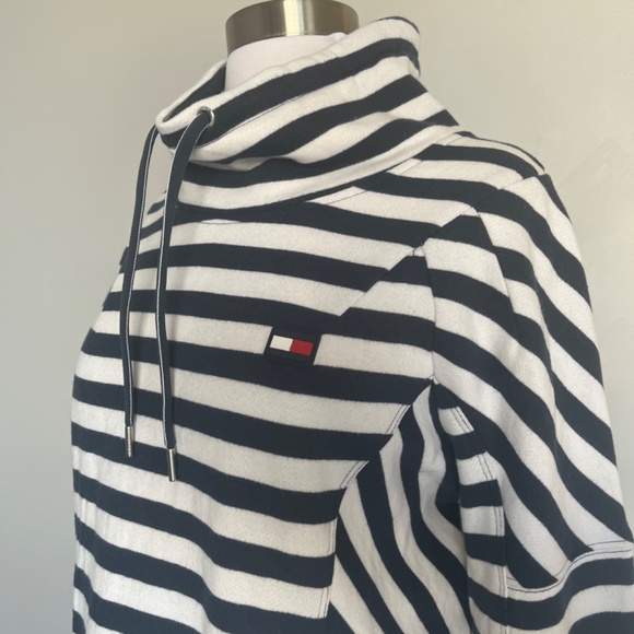 Tommy Hilfiger Sport Navy Striped Funnel Neck Fleece Nautical sweatshirt Hoodie - Picture 10 of 13
